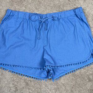 J. Crew Shorts Women XXL Blue Linen Blend Pull-On Shorts Pompom Preppy H5621 NWT
